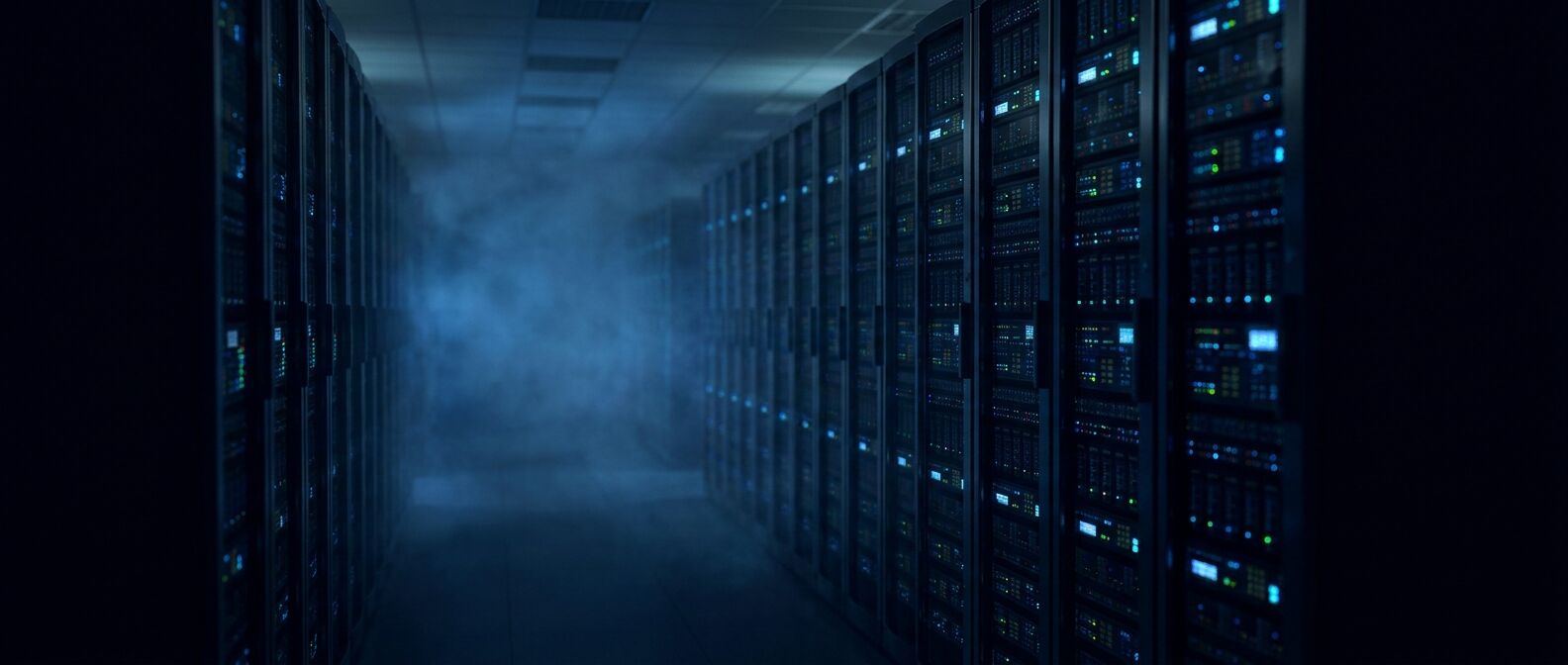 Dark data center aisle with blue status lights
