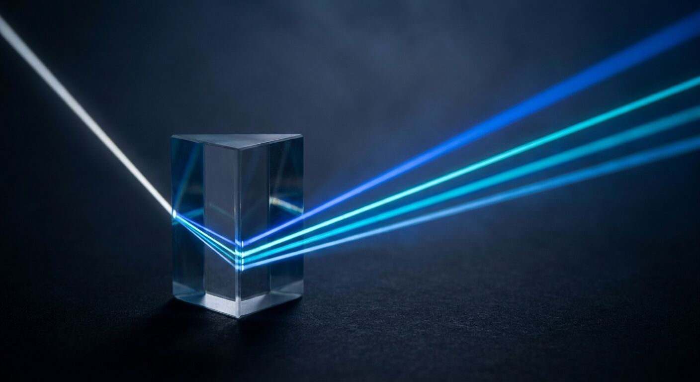 A beam of light split by a prism into four blue beams
